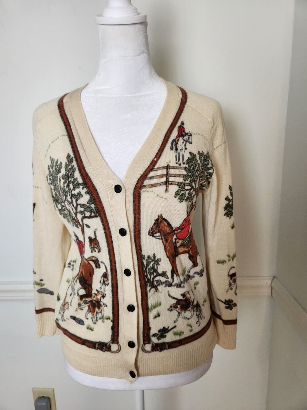 FLAWS Vtg Y2K J Crew Fox Hound Hunt Cardigan Sweater Sz Small Equestrian Wool